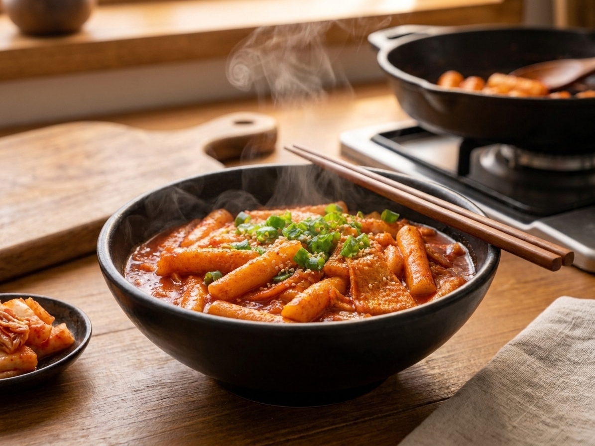 A bowl of tteokbokki topped with scallions and sesame seeds with chopsticks resting on the rim, cozy table setting
