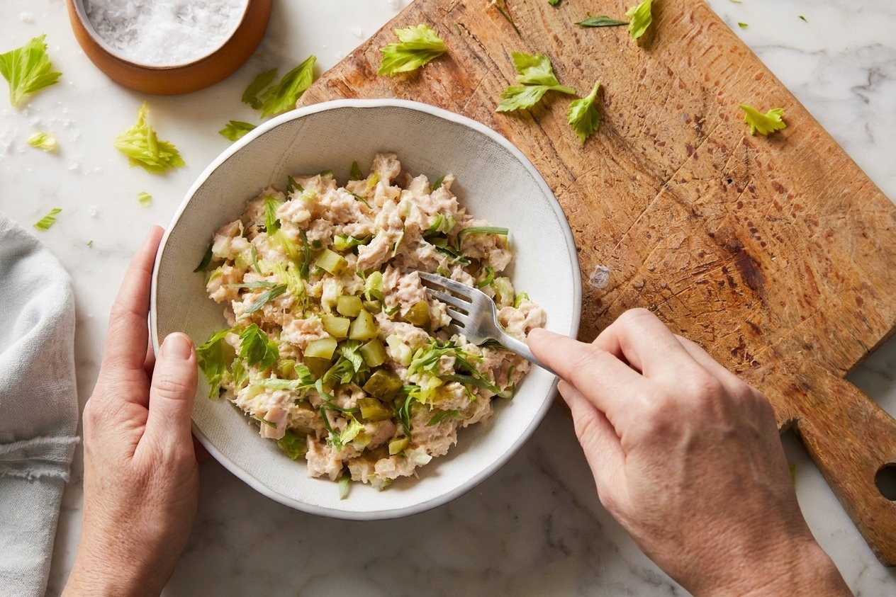 A bowl of tuna salad being mixed with a fork, showing visible celery and pickle pieces on a kitchen counter