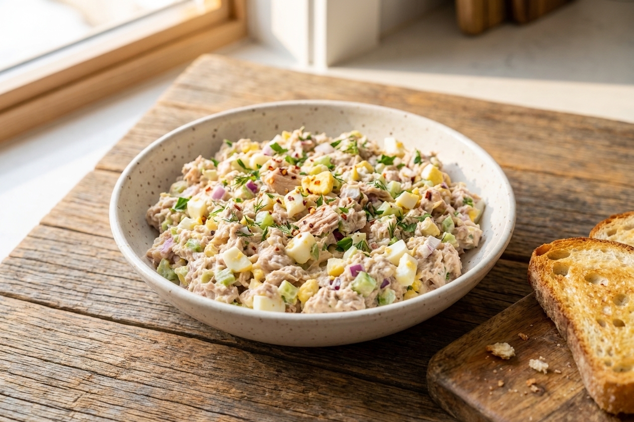 A bowl of tuna salad with chopped hard-boiled egg, celery, and herbs on a wooden table with toasted bread nearby, natural kitchen lighting