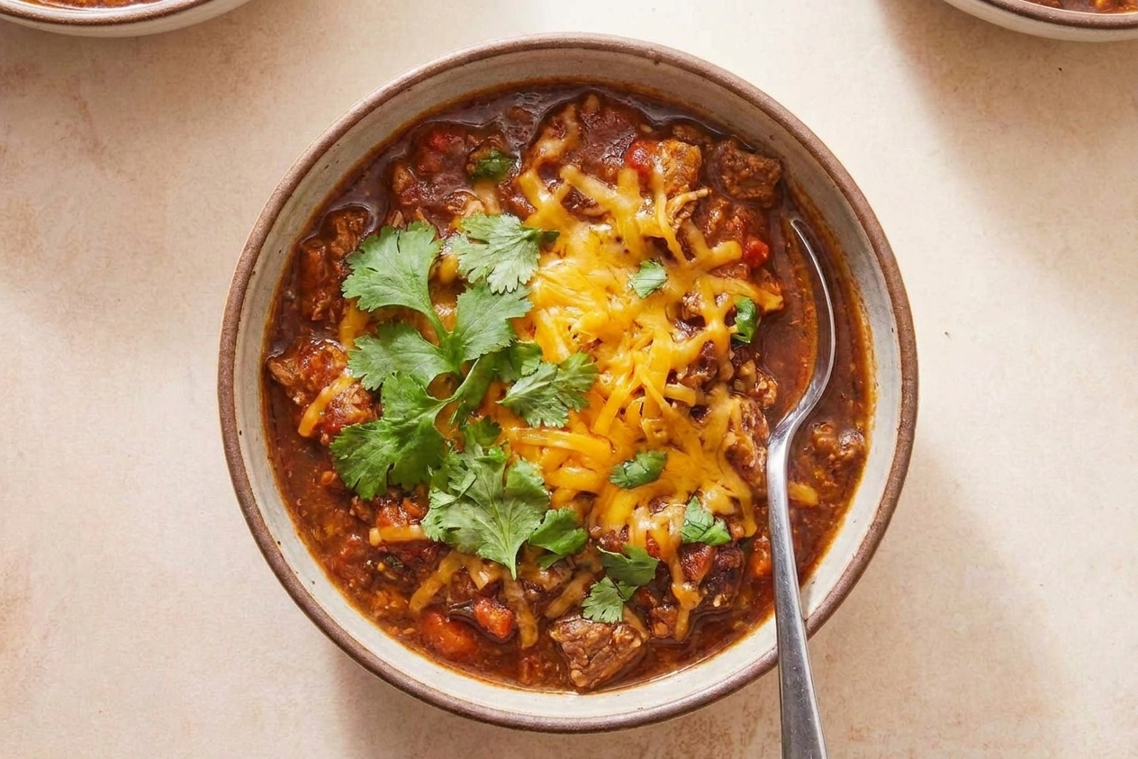 A bowl of turkey chili topped with shredded cheese and cilantro