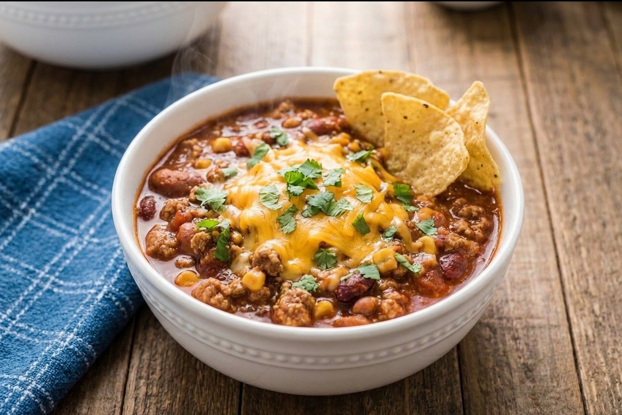 A bowl of turkey chili topped with shredded cheese, cilantro, and tortilla chips on a dinner table