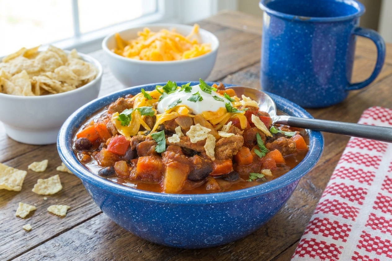 A bowl of turkey chili topped with shredded cheese, sour cream, cilantro, and crushed tortilla chips on a dinner table