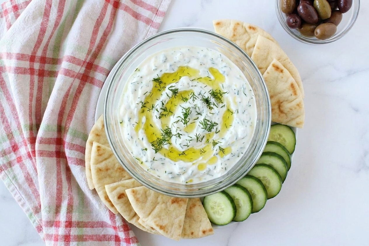 A bowl of tzatziki drizzled with olive oil served on a table with warm pita wedges and sliced cucumber
