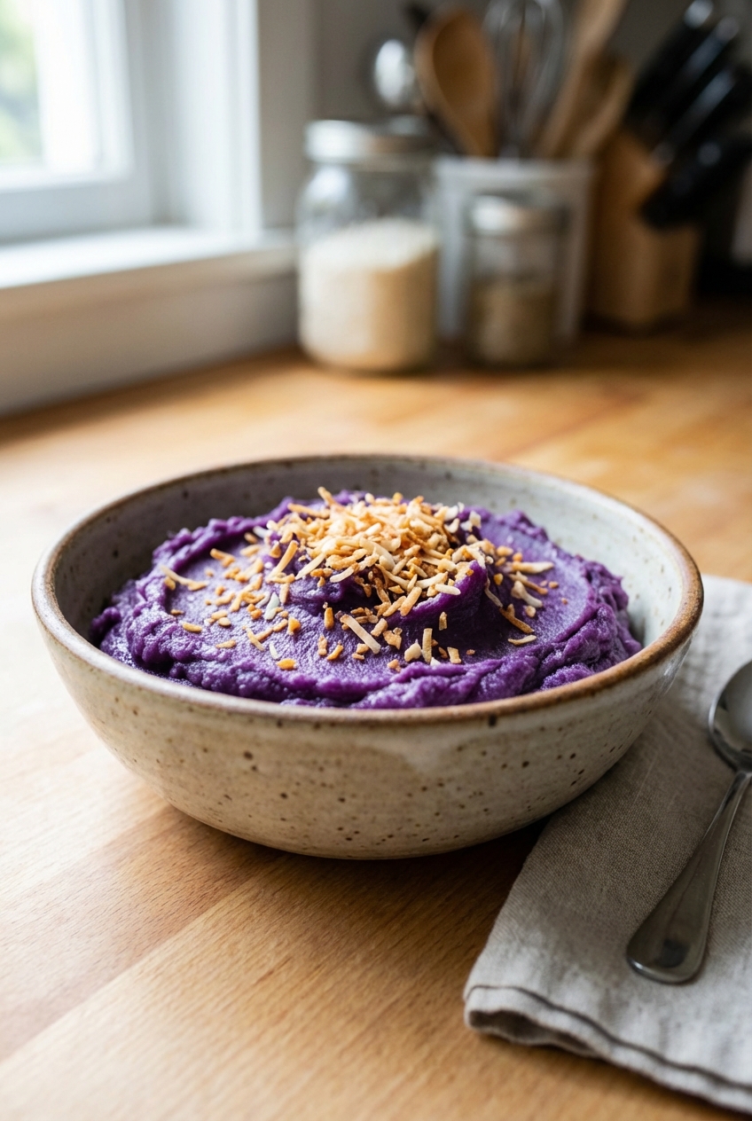 A bowl of ube halaya topped with toasted coconut