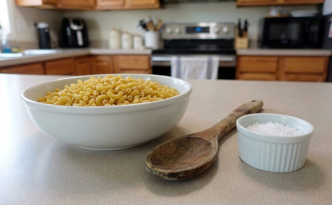 A bowl of uncooked elbow macaroni on a light countertop next to a wooden spoon and a small bowl of salt
