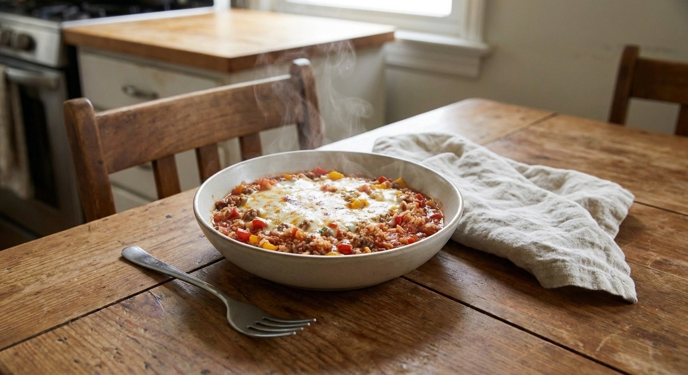 A bowl of unstuffed peppers with rice and beef topped with melted cheese, set on a dinner table with a fork and a simple napkin