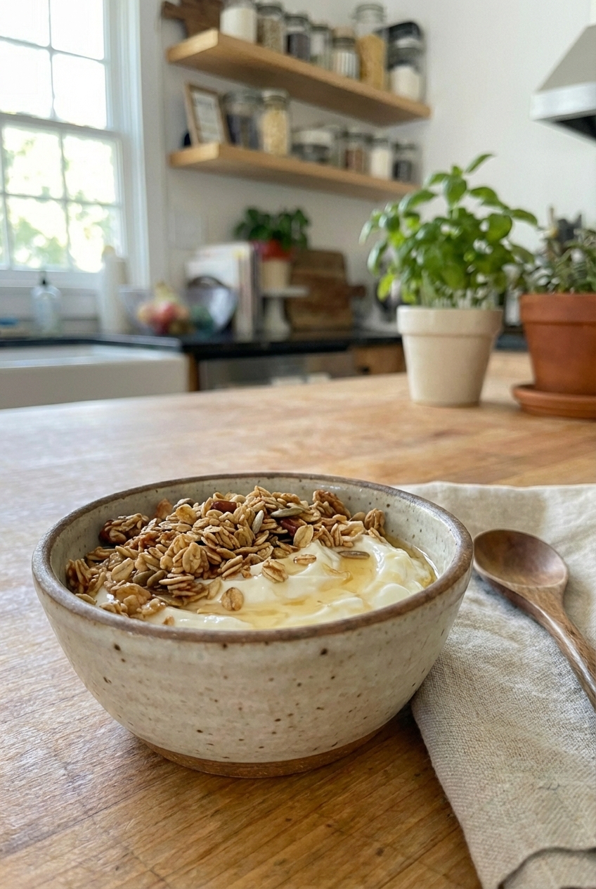A bowl of vanilla Greek yogurt topped with granola and honey