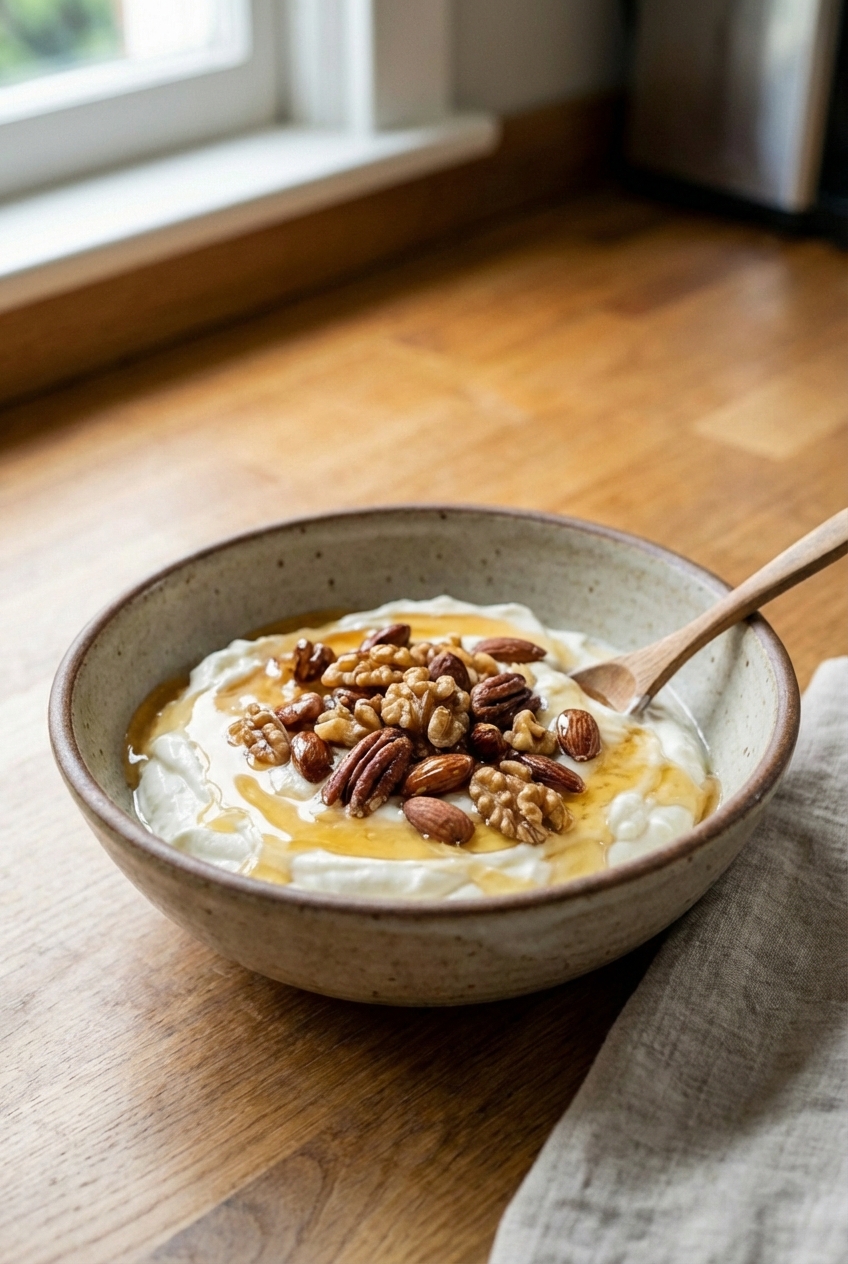 A bowl of vanilla Greek yogurt topped with honey and toasted nuts