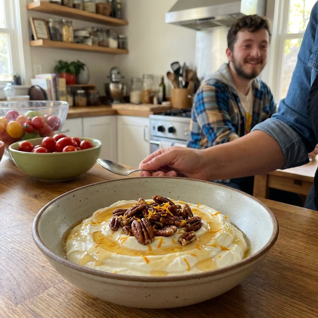 A bowl of vanilla Greek yogurt topped with honey, toasted pecans, and a pinch of orange zest