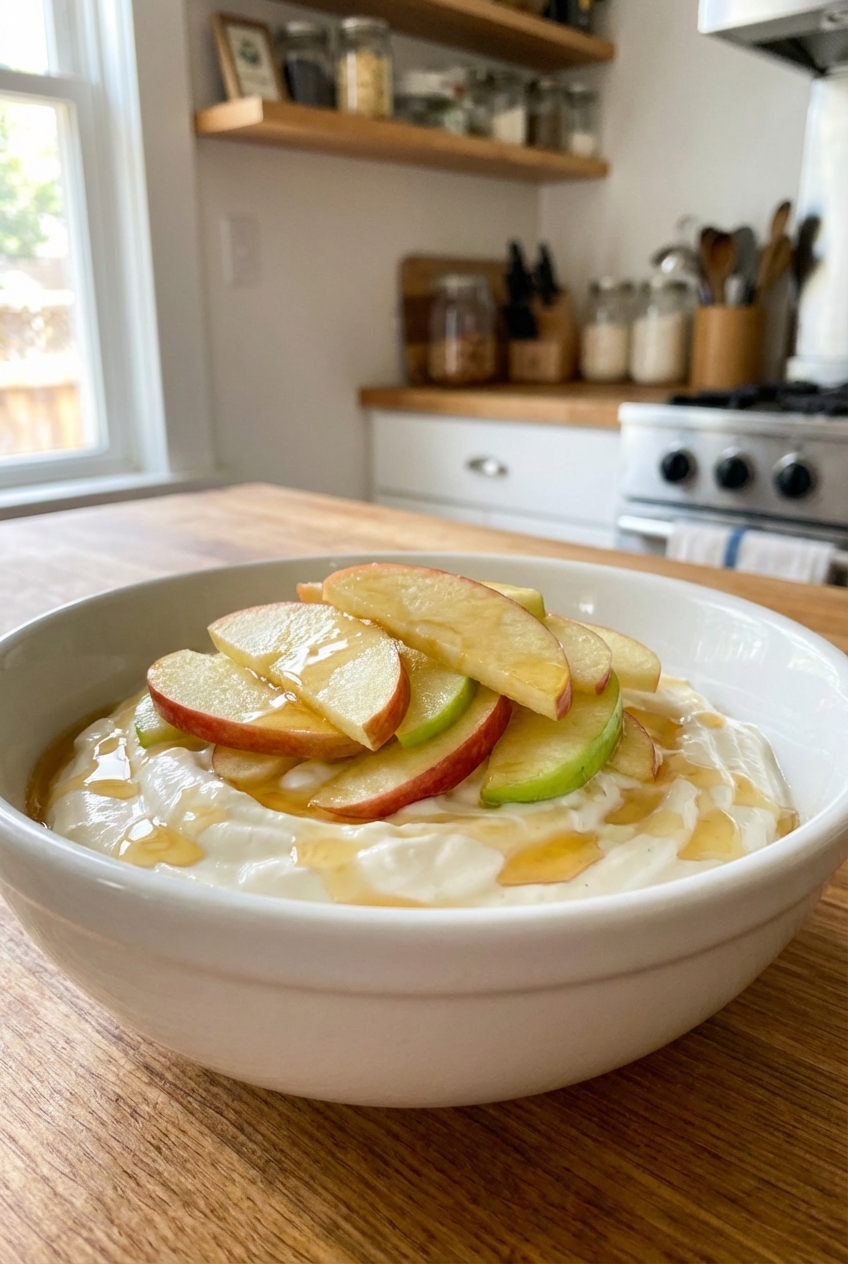 A bowl of vanilla Greek yogurt topped with sliced apples and a drizzle of honey