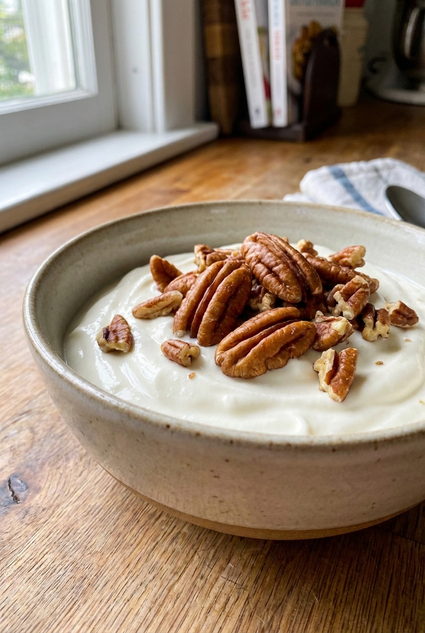 A bowl of vanilla Greek yogurt topped with toasted pecans