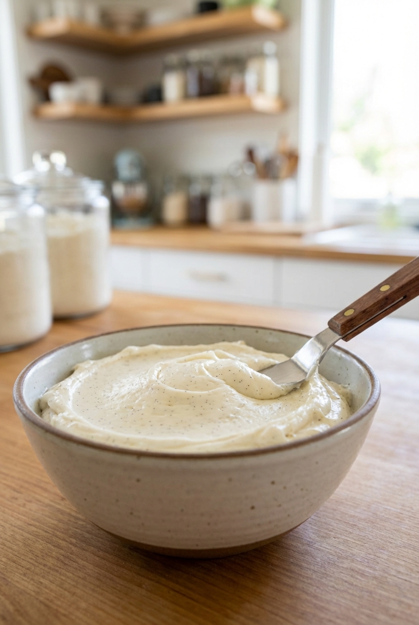 A bowl of vanilla bean frosting with visible vanilla specks and a spatula