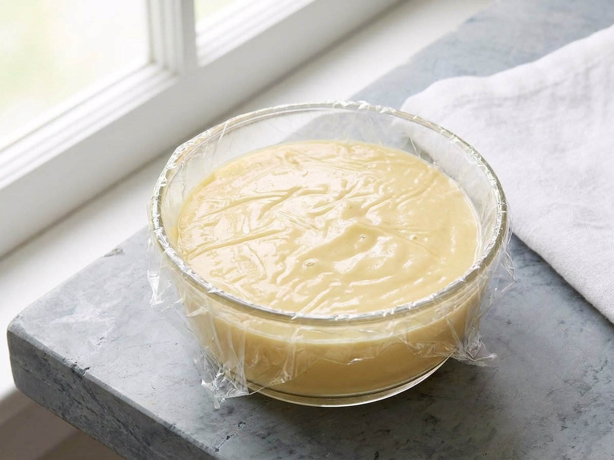 A bowl of vanilla custard with plastic wrap pressed directly onto the surface on a kitchen counter, ready for refrigeration
