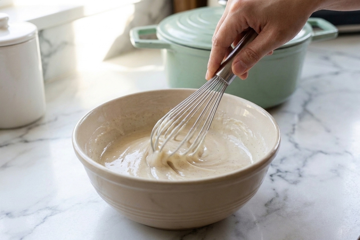 A bowl of vanilla glaze being whisked until smooth on a kitchen counter