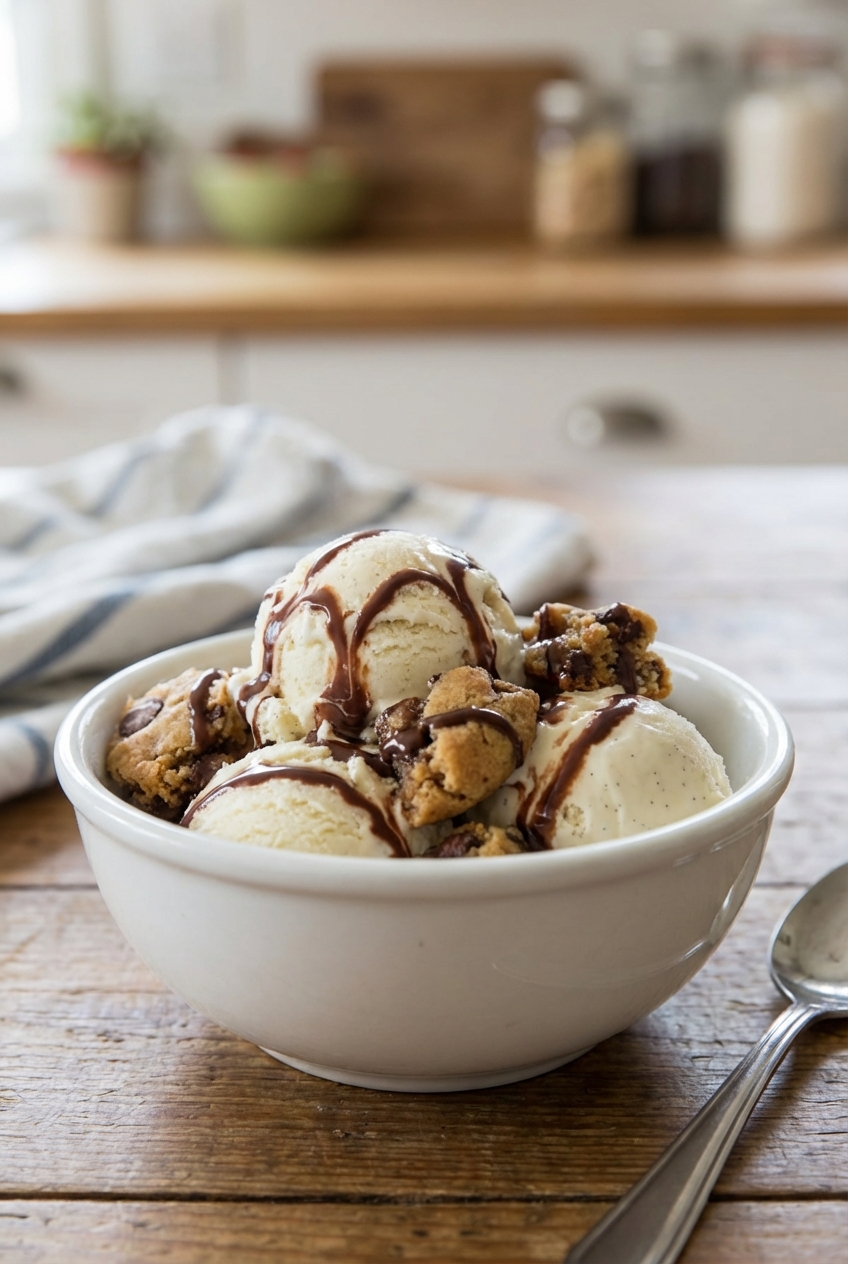 A bowl of vanilla ice cream topped with warm chocolate chip cookie pieces