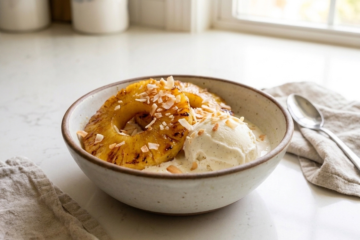 A bowl of vanilla ice cream topped with warm grilled pineapple pieces and toasted coconut on a simple table setting