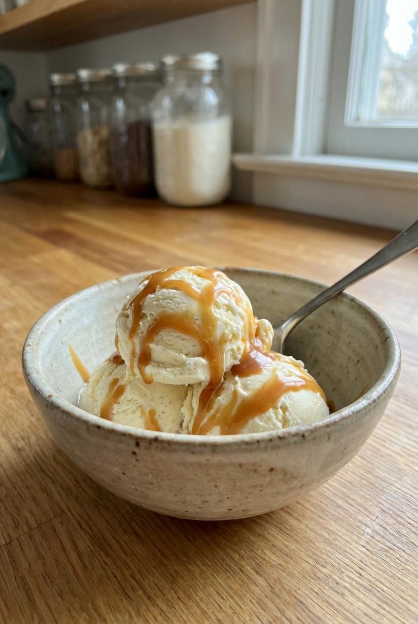 A bowl of vanilla ice cream with a spoon and a drizzle of caramel sauce
