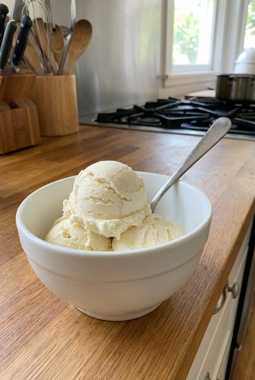 A bowl of vanilla ice cream with a spoon