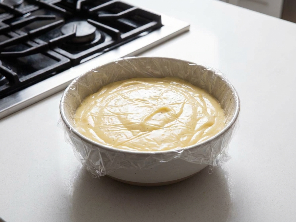 A bowl of vanilla pastry cream with plastic wrap pressed directly on the surface to prevent a skin, sitting on a kitchen counter