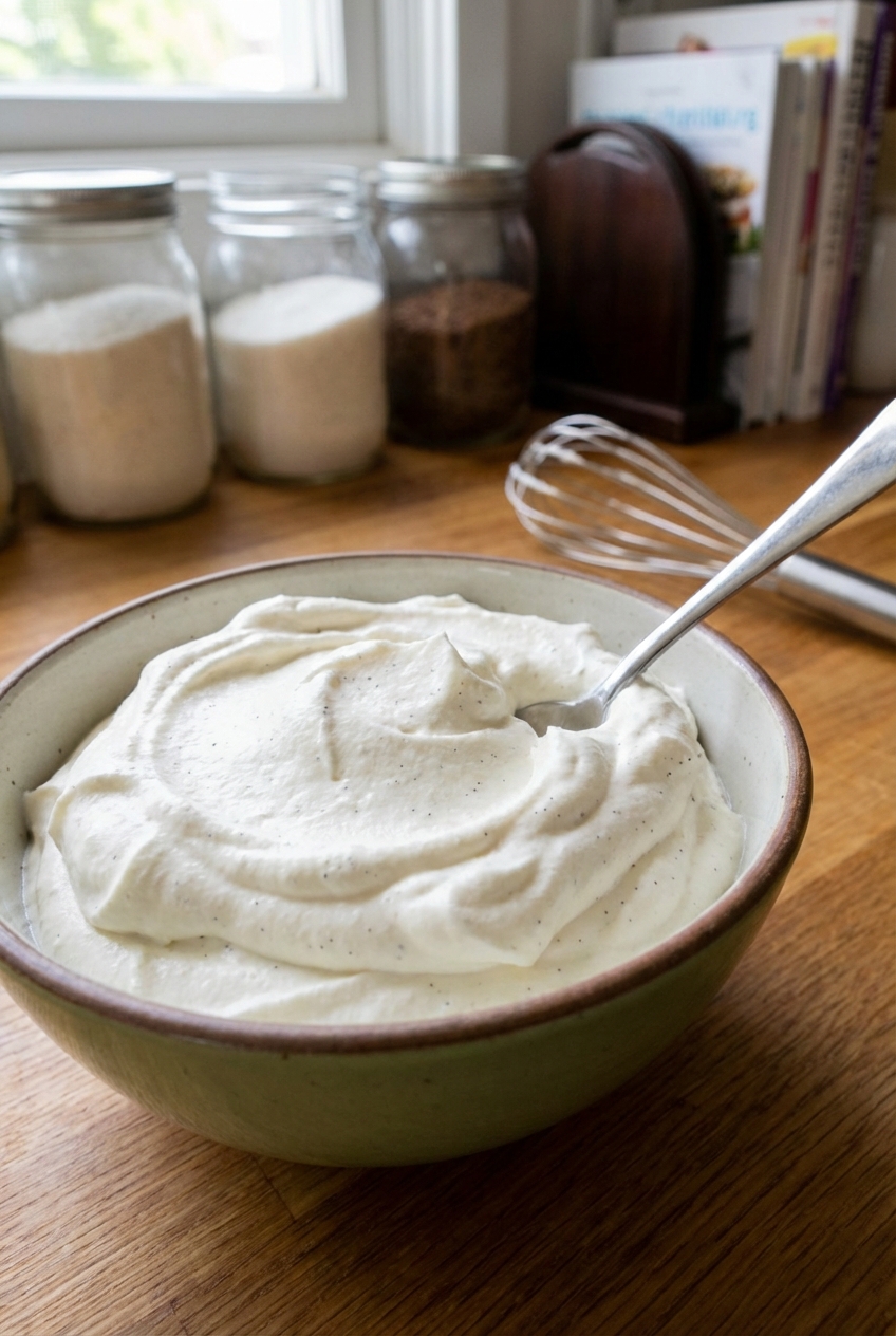 A bowl of vanilla whipped cream with a spoon