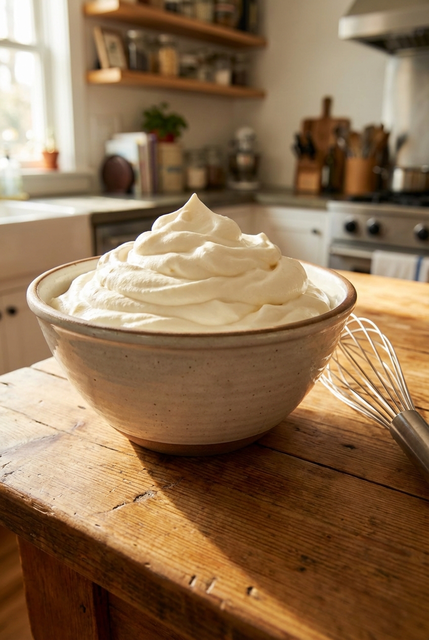A bowl of vanilla whipped cream with soft peaks on a wooden table next to a whisk in natural light