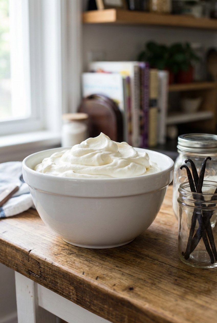 A bowl of vanilla whipped cream with soft peaks