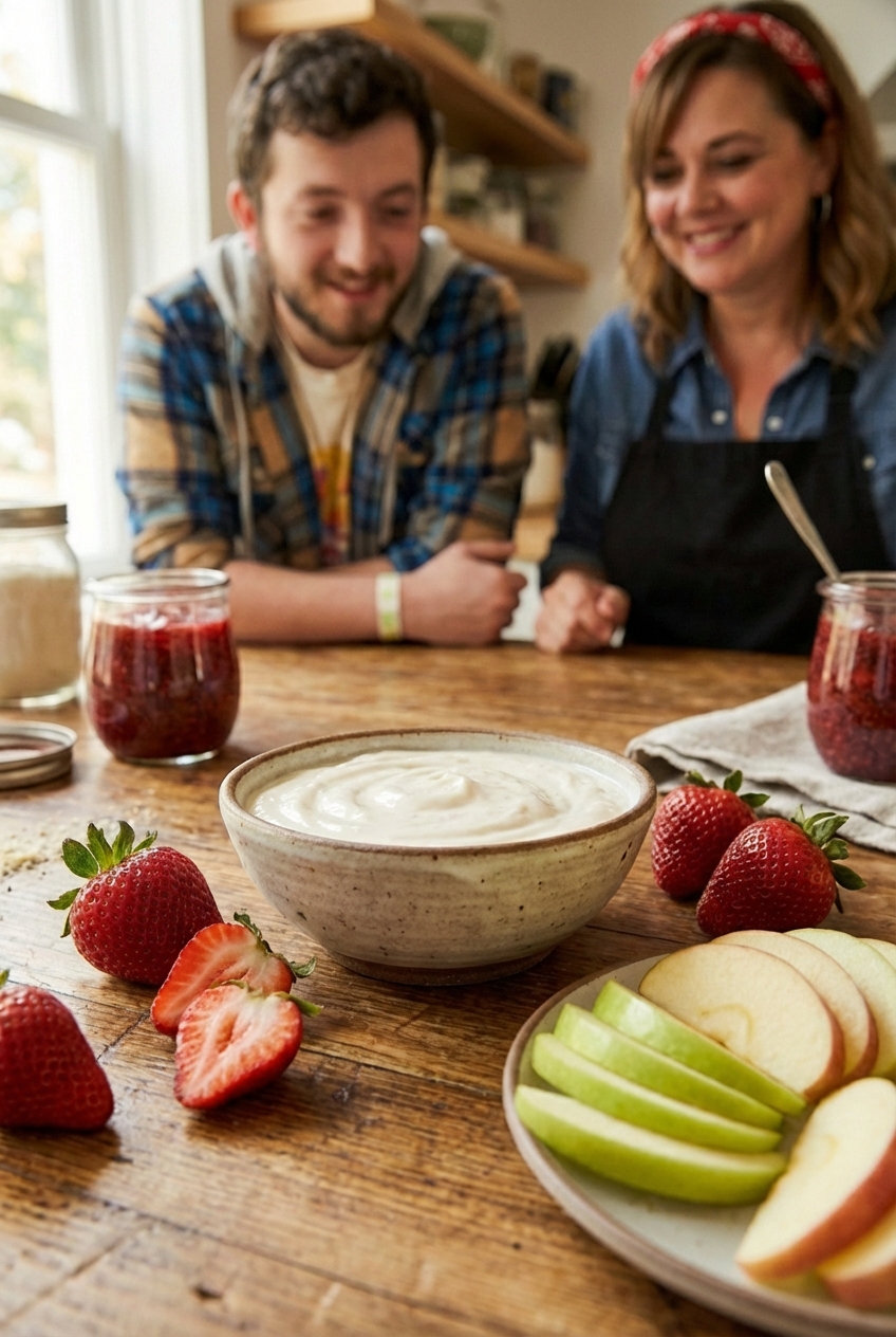 A bowl of vanilla yogurt fruit dip with strawberries and apple slices nearby