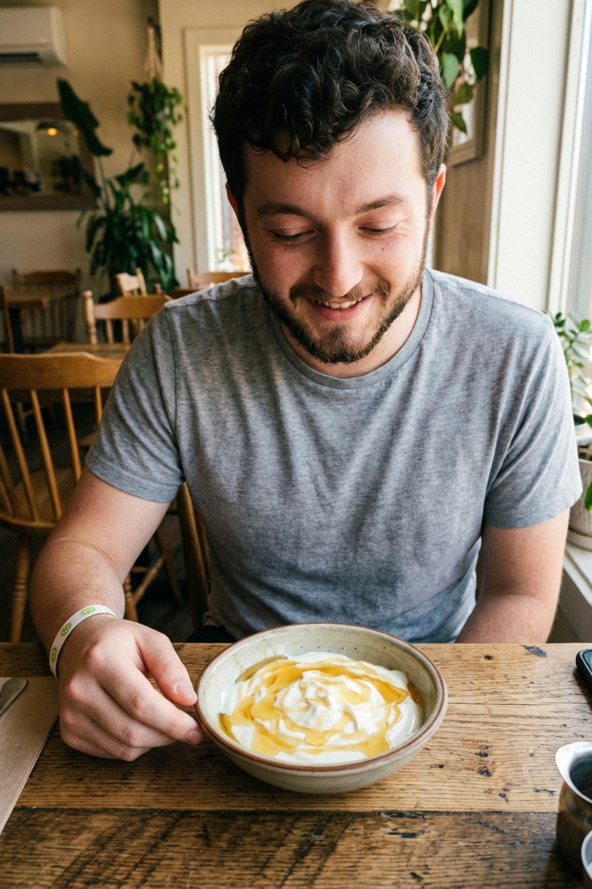A bowl of vanilla yogurt topped with honey on a wooden table