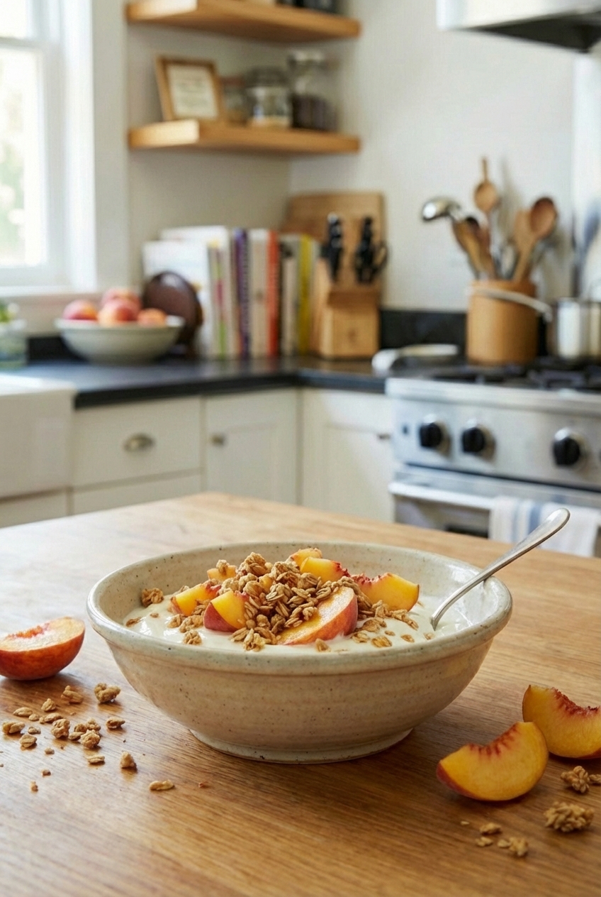 A bowl of vanilla yogurt topped with peaches and granola on a table