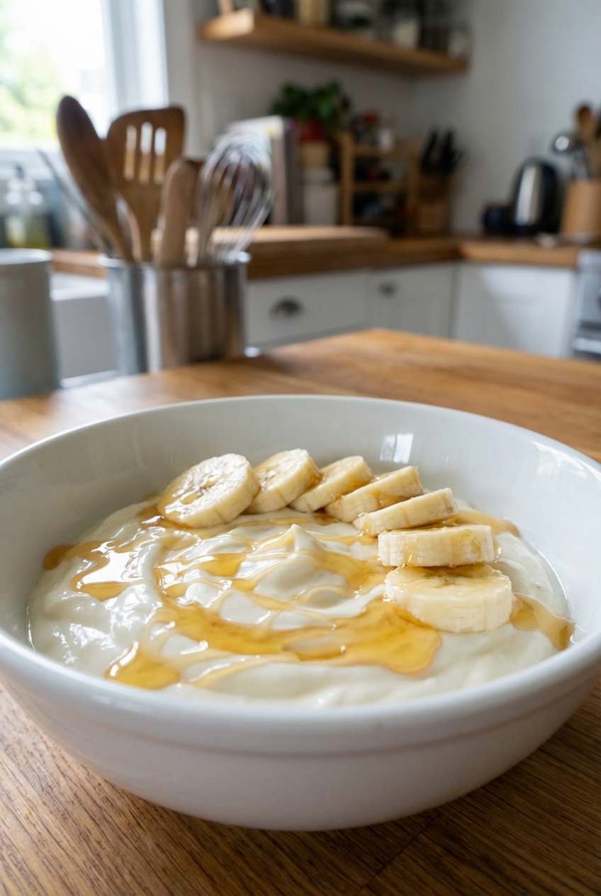 A bowl of vanilla yogurt topped with sliced bananas and a drizzle of honey