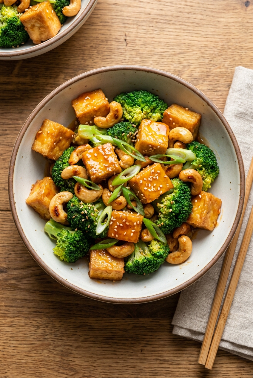 A bowl of vegan cashew chicken made with crispy tofu, roasted cashews, and broccoli in a glossy orange citrus sauce