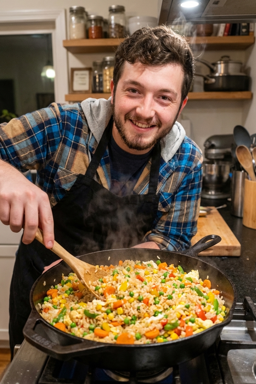 A bowl of vegetable fried rice in a skillet with a wooden spoon