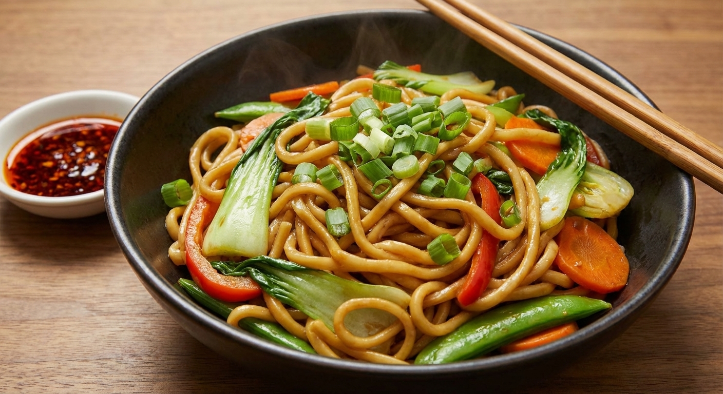 A bowl of vegetable lo mein with glossy noodles and green onions