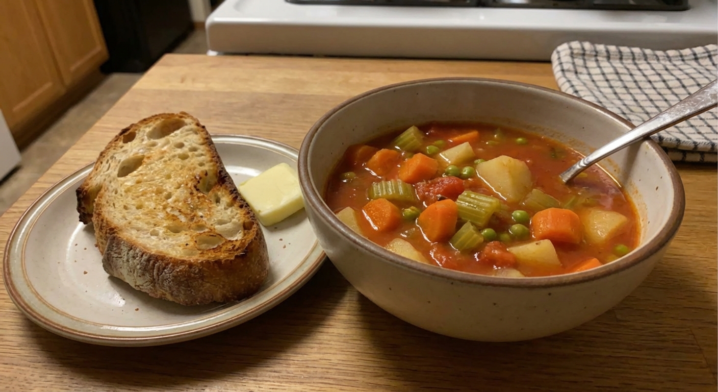 A bowl of vegetable soup served with a slice of crusty bread on a small plate