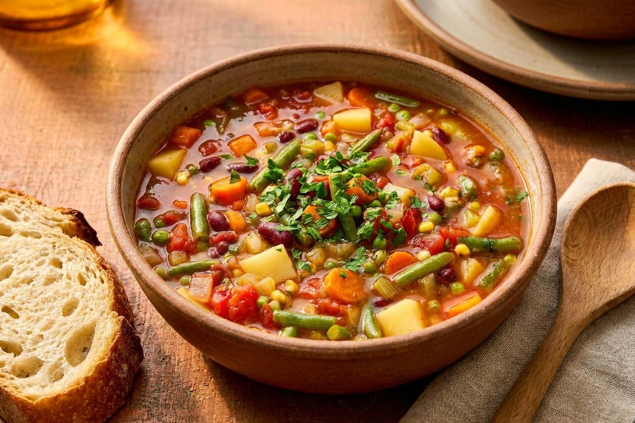 A bowl of vegetable soup topped with chopped parsley on a dinner table with crusty bread and a spoon, warm cozy lighting