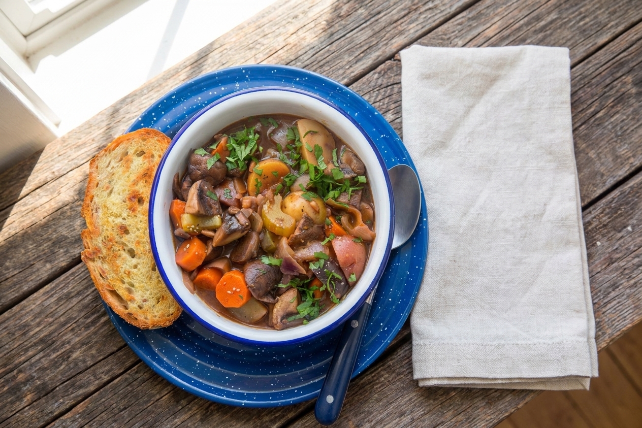 A bowl of vegetable stew on a dinner table with a slice of crusty bread on the side and a simple linen napkin