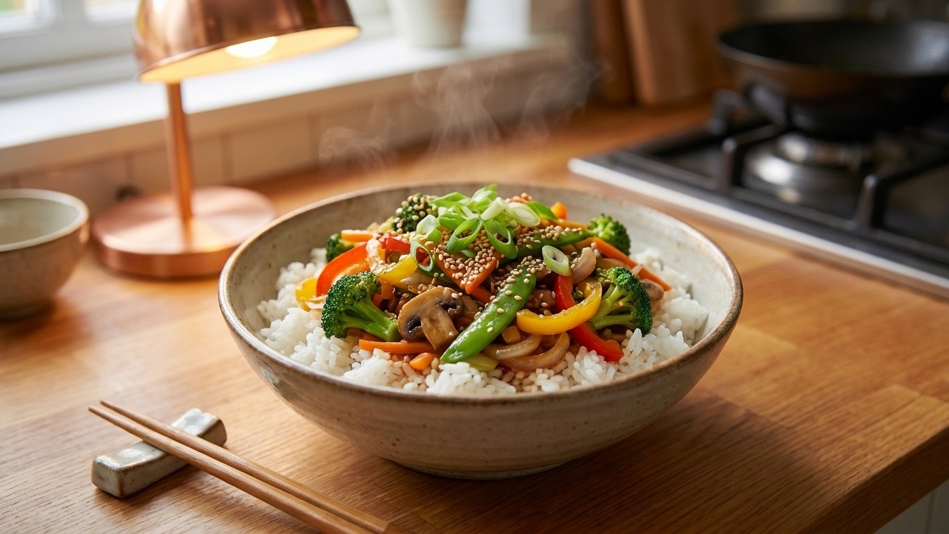 A bowl of vegetable stir-fry served over steamed white rice, garnished with sesame seeds and sliced scallions on a simple dinner table setting