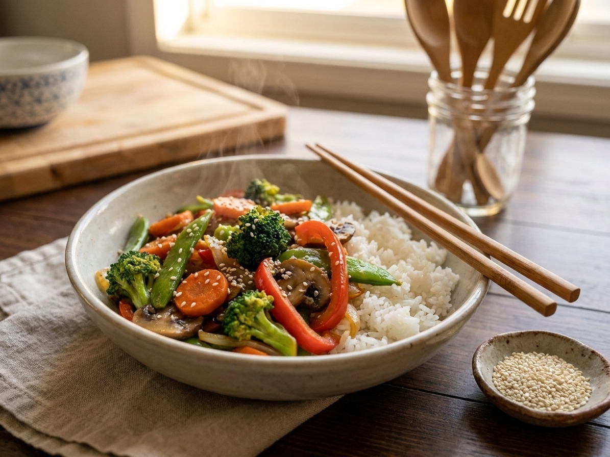 A bowl of vegetable stir fry served over white rice on a wooden table with chopsticks and a small dish of sesame seeds, cozy dinner setting