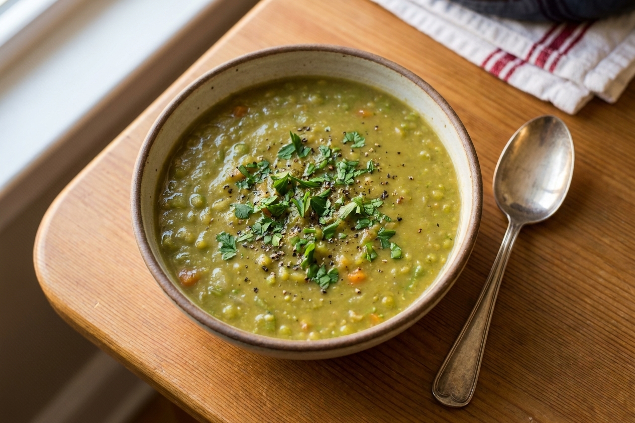 A bowl of vegetarian split pea soup topped with chopped parsley and cracked black pepper next to a spoon on a dinner table
