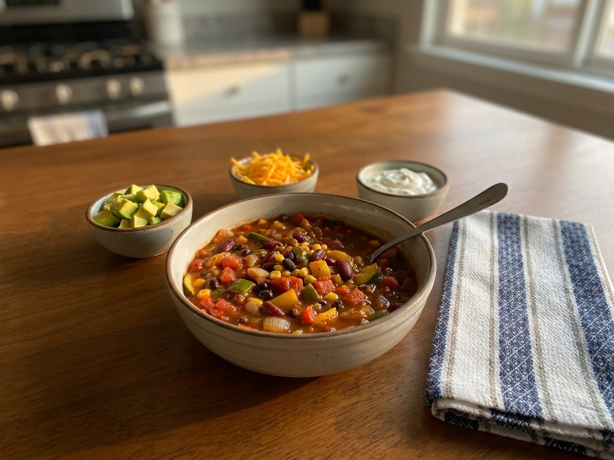 A bowl of veggie chili on a dinner table with a spoon, napkin, and small bowls of toppings nearby in warm evening light