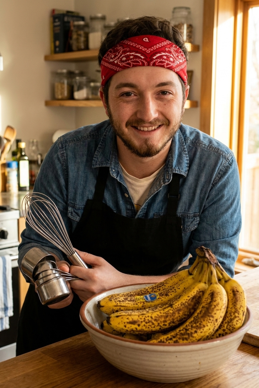 A bowl of very ripe, heavily speckled bananas on a kitchen counter next to a whisk and measuring cups, warm natural light
