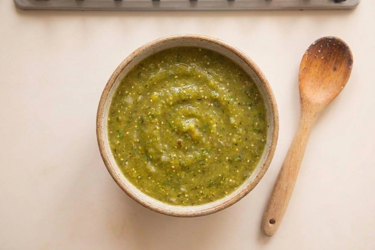 A bowl of vibrant green enchilada sauce made with tomatillos, set on a light kitchen counter with a spoon beside it