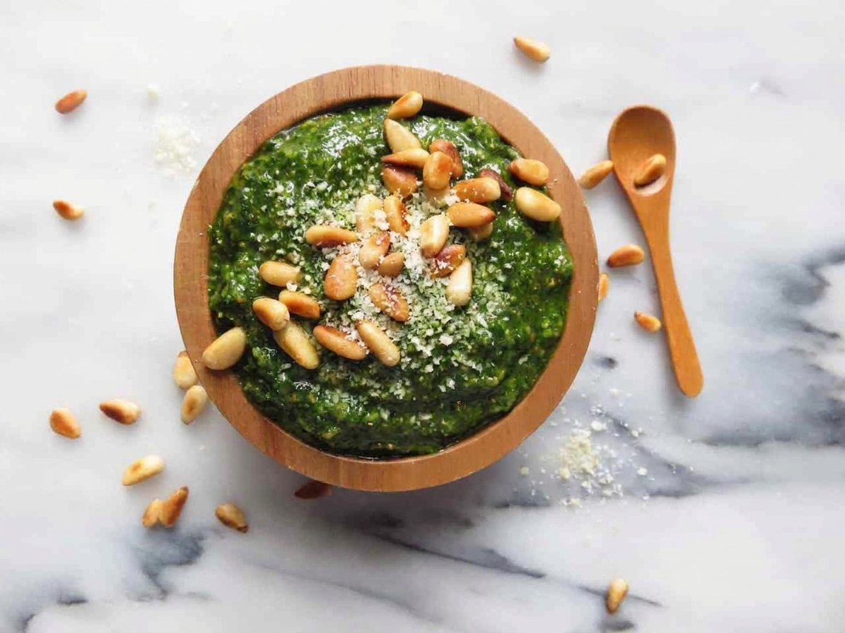 A bowl of vivid green basil pesto topped with toasted pine nuts and grated Parmesan on a light stone countertop with a spoon beside it