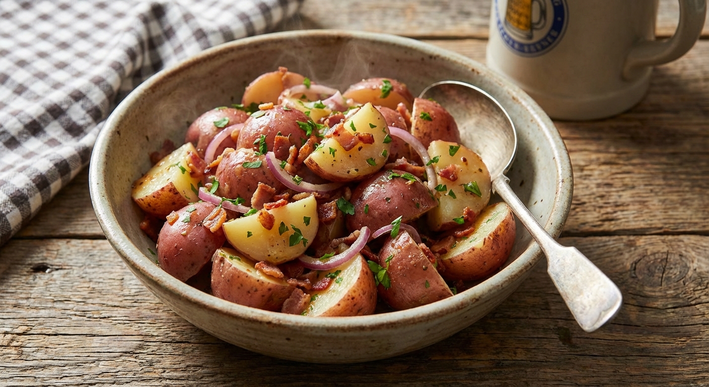 Warm German Potato Salad (Kartoffelsalat) With Bacon and Vinegar