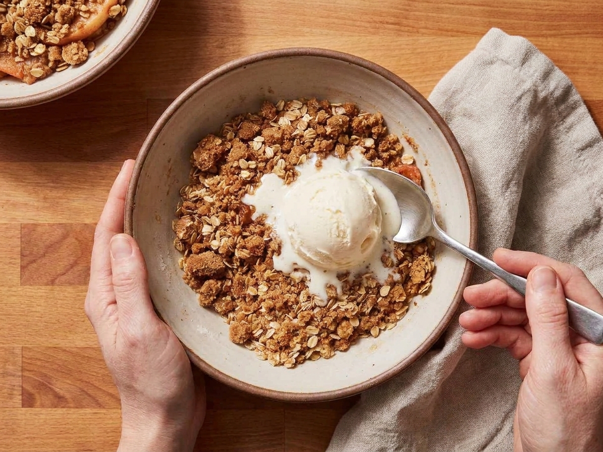 A bowl of warm apple crisp topped with a scoop of vanilla ice cream melting slightly, set on a simple table with a spoon and neutral linen napkin