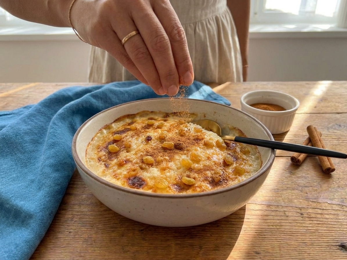 A bowl of warm baked rice pudding topped with a pinch of cinnamon on a wooden table setting with a spoon