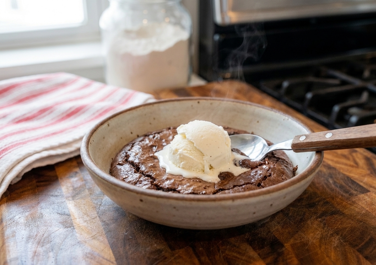 A bowl of warm brownie pudding topped with a scoop of vanilla ice cream with a spoon on the side