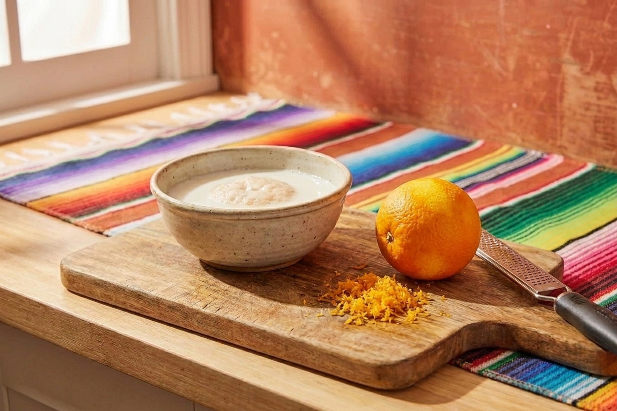 A bowl of warm milk with yeast blooming beside freshly zested orange on a cutting board, on a bright kitchen counter