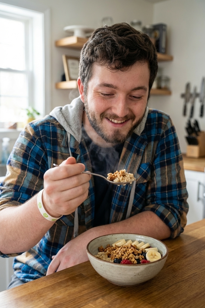 A bowl of warm oatmeal with granola sprinkled on top