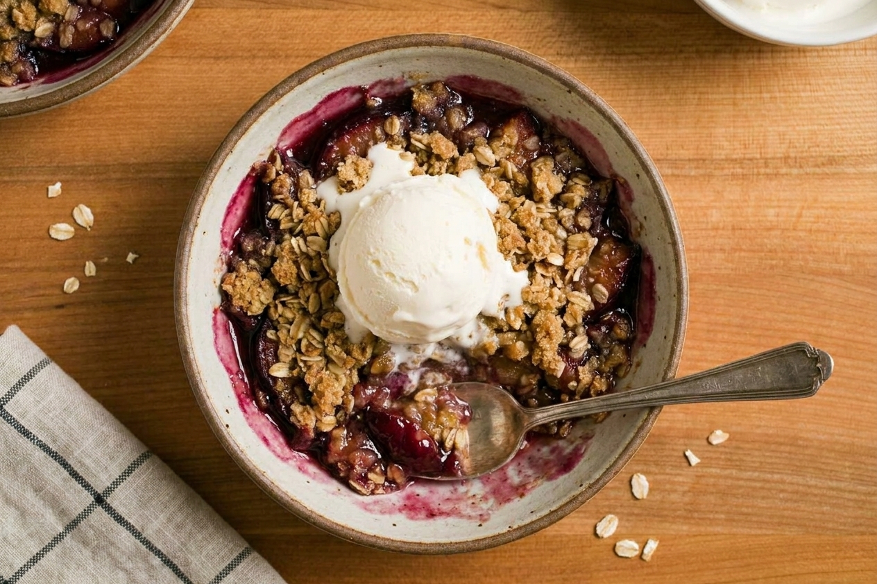 A bowl of warm plum crisp topped with a scoop of vanilla ice cream on a wooden table with a spoon